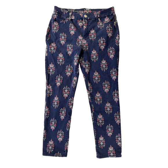 Chico's So Slimming Girlfriend Ankle Jeans Womens Size 1 Navy Blue Floral Print - Picture 1 of 12